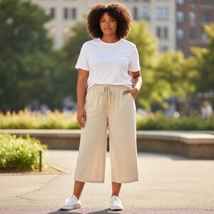 Land N Sea Womens L Linen & Rayon Blend Wide Leg Capri Pants Drawstring Pull On
